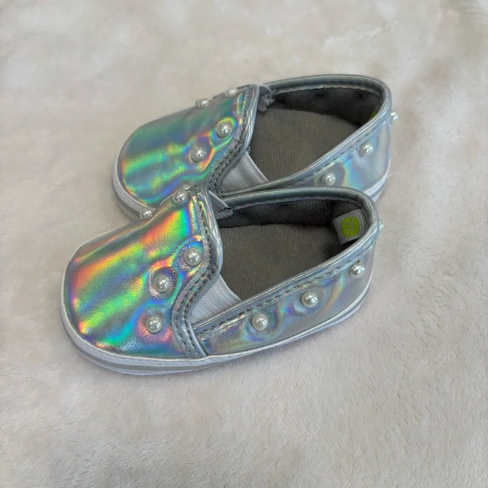 First steps metallic silver shoes with pearls 9-12 months